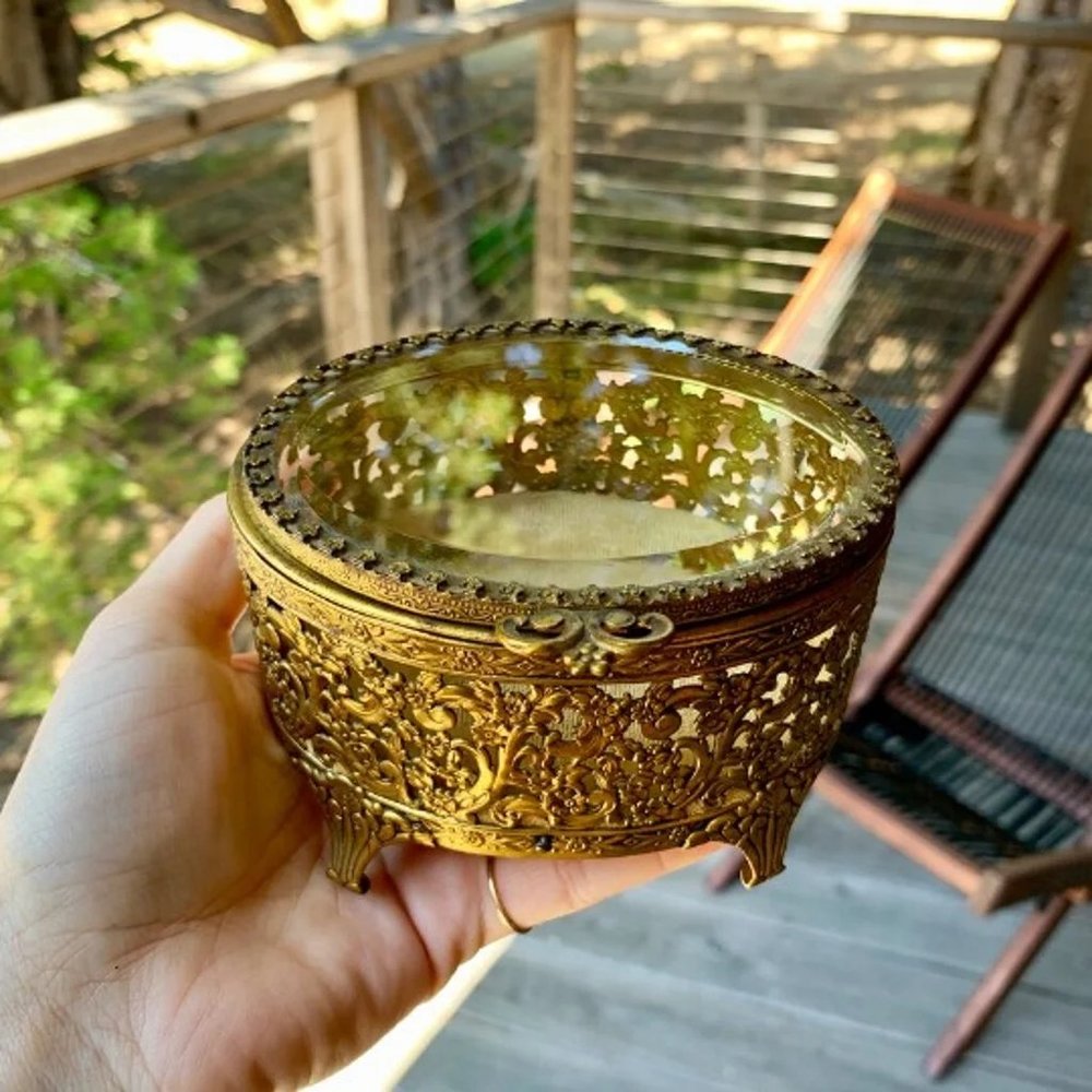 Vintage Beveled Glass Ormolu Jewelry Box